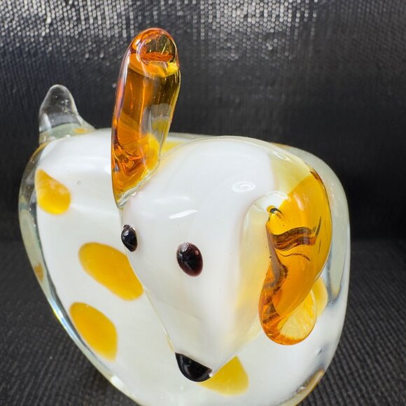 Pier 1 Art Glass Puppy Dog Figurine Paperweight White With Amber Dots Figure VTG - Picture 7 of 11
